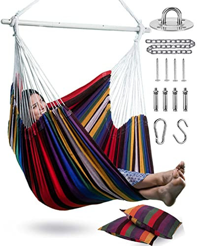 XXL Hängeseil Hängeseil Schaukel mit 2 Kissen – max. 227 kg – perfekt für Terrasse, Veranda, Schlafzimmer, Hinterhof, drinnen oder draußen – inklusive Befestigungsmaterial zum Aufhängen,