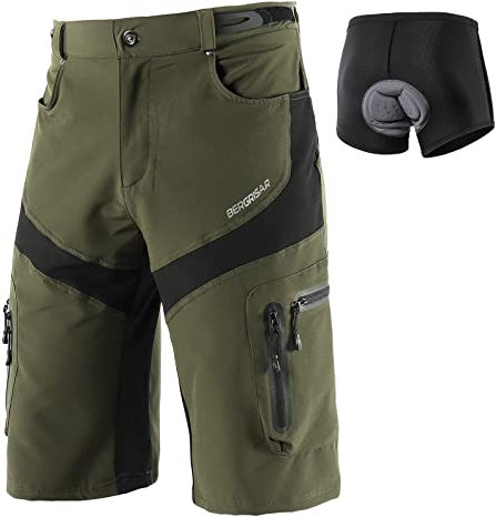 BERGRISAR Culotte Ciclismo Hombre Pantalon MTB y Bicicletas de montaña, Bolsillos con Cremallera, Resistente al Agua, Transpirables 1806BG, Acolchado extraíble Verde, Small