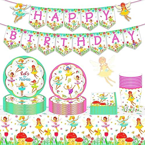 JeVenis Fee Geburtstag Banner Fee Geburtstag Party Supplies Fee Party Teller und Servietten Fee Geburtstag Party Dekoration Fee Party Tischdecke Fee Party Favors Fee Garten Dekoration