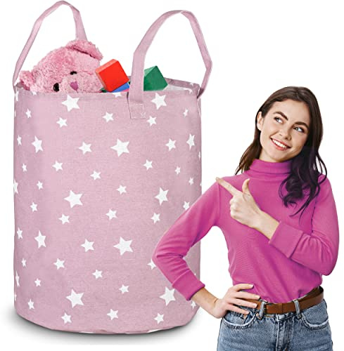 NUKIDO Freistehender Spielzeugkorb für Kinderzimmer Groß, Geräumig, Charmantes Design Langlebiges Material Leicht zu reinigen Starke Ohren 100% Baumwolle 60x35 cm Rosa