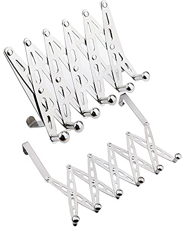 Haken，Kleiderhaken über der Tür, ausziehbarer Edelstahl-Aufhänger, Haken for die Rückseite der Schlafzimmer-Badezimmertür, Silber, erweiterbarer Ziehharmonika-Stil, geeignet for Türen bis zu 42 mm Dic