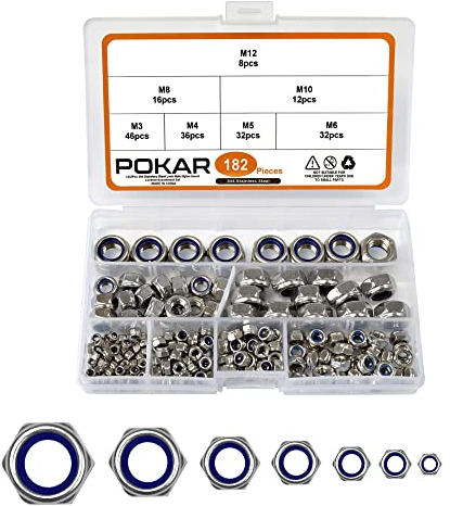 POKAR Sicherungsmuttern Set DIN 985 Edelstahl Sechskantmuttern Muttern Schraubenmuttern Stoppmutter Selbstsichernde Edelstahlmutter,182 Stück