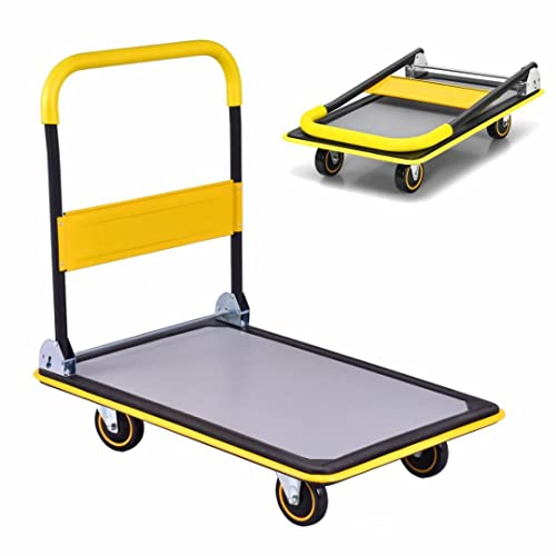 TANGZON Folding Push Cart Dolly, Rolling Flatbed Luggage Cart with 360° Swivel Wheels, Garage Warehouse Moving Platform Hand Push Truck(Yellow, 91 x 61 x 89cm, 300KG Capacity)