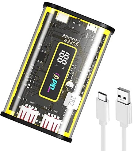 Gladgogo Battery Pack 10000mAh with Led Display, 3-Port Portable Charger 20W Fast Charging PD18W QC 3.0 USB C, Transparent Power Bank with High-Speed PowerIQ for iPhone/iPad/Samsung - Yellow…