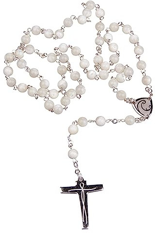 Fritz Cox Rosenkranz mit versilbertem Kreuz und Mittelstück | tolles Geschenk für jeden Christen | von Hand gekettet | 6mm Perle | ca.45cm lang (Perlmutt)