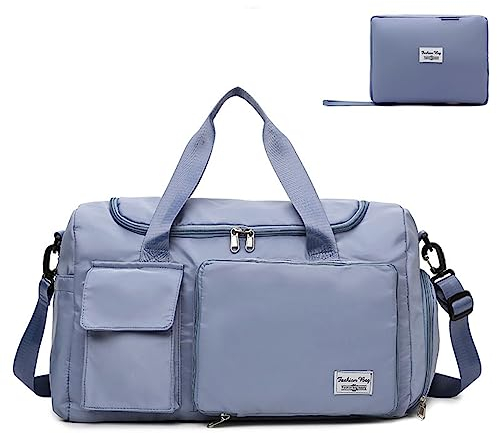 Bolsa de Viaje Plegable de Gran Capacidad Bolsa de Gimnasio Bolsa Grande de Fin de Semana, con Compartimento Zapatos y Compartimento húmedo para Deportes,Natación,Yoga y Viajes (Azul)
