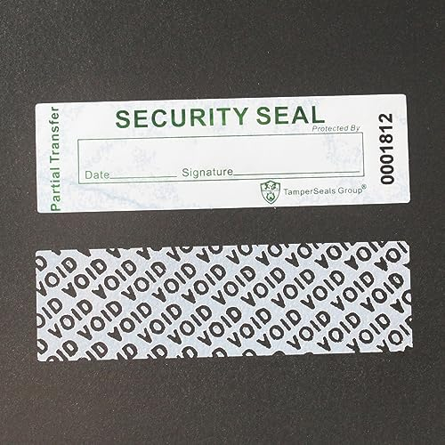 TamperSeals Group - 100 Stück teilweise Transfer manipulationssichere Sicherheitsgarantie Void Aufkleber/Etiketten/Siegel mit holografischem Laserdruck (weiß, 2,5 x 8,5 cm, Seriennummern)