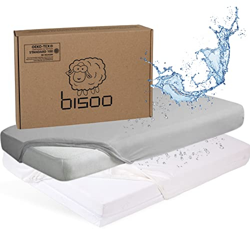 Bisoo Spannbettlaken 50x100 cm für Lauf, Krabbelgitter und Reisebett - wasserdichte Leintuch Matratzenschoner für Laufgitter Baby - 100% Baumwolljersey Öko-Tex - 2 Stück Set Weiß + Grau 100x50
