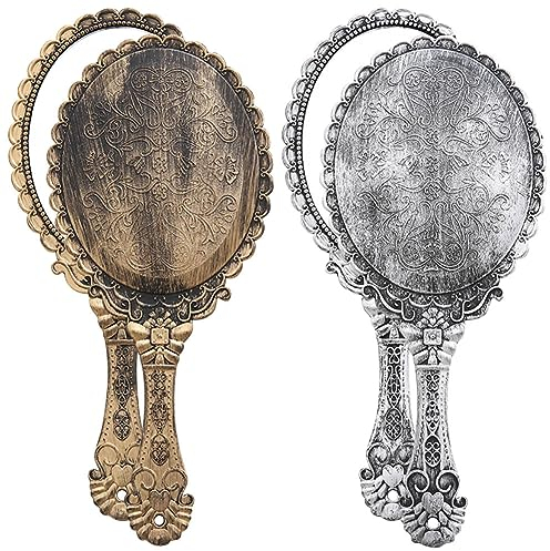 BAOZOON 2 Stück Vintage Handspiegel mit Griff – niedlicher Kosmetikspiegel Schminkspiegel Reisespiegel 24,9 x 11,4 cm (Silber & Bronze)