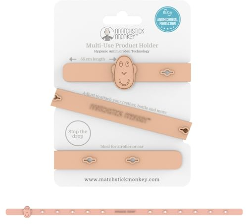 Matchstick Monkey Spielzeug Schnullerkette für Beißring, Spielzeug, Trinkbecher - Halteriemen zur Befestigung an Kinderwagen, Autositz oder Hochstuhl - Länge 55cm - Silikon altrosa