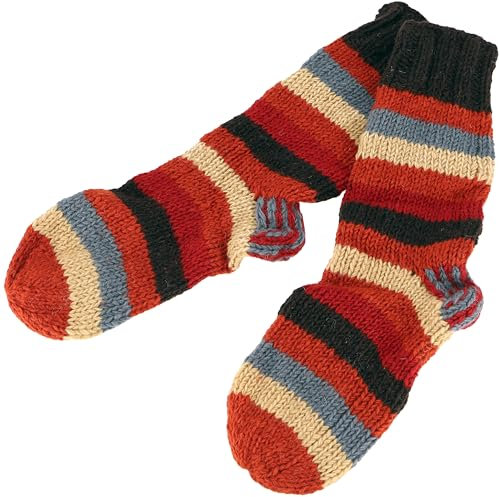 GURU SHOP Handgestrickte Gefütterte Schafwollsocken, Gestreifte Haussocken, Hüttensocken, Nepal Socken - Rostorange/bunt, Herren/Damen, Wolle, Size:L (41-43)