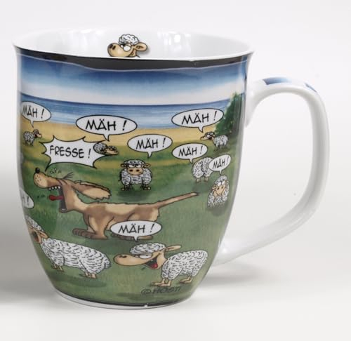 Witziger Becher Hund und Schafe Tasse Porzellan Inhalt 400ml Kaffeebecher mäh mäh Fresse Küste Urlaub