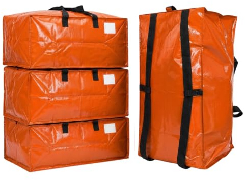DURASACK Robuste Umzugstasche Aufbewahrungsbehälter Seesack mit Reißverschluss, verstärkte Tragegurte und Rucksackgurte, aus robustem gewebtem Polypropylen, 4er-Pack, Orange