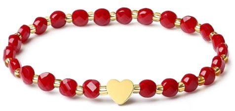 MetJakt Handgefertigtes Original Armband für Damen 6MM Kristall Stretch Halbedelsteine Facettiert Stretcharmband herz Design 18k Vergoldet Damenschmuck (Rot -Herz)
