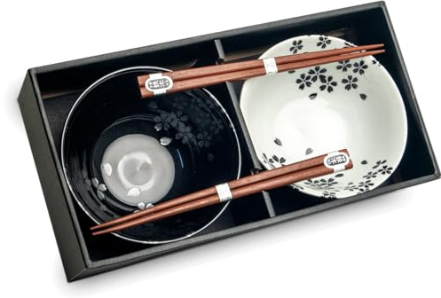 2 Personen - Udon Bowl Set - Hana schwarz - Japanisches Geschirrset - Essset - Suppenschalen Set - Ramen Bowl Set - Servierschalen Set - Miso - Suppenschalen - Salatschalen - Poke Bowl Set -