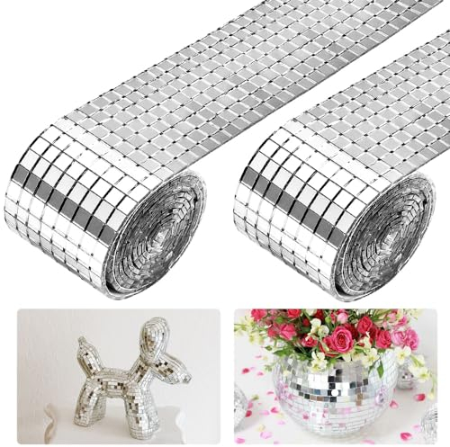XAVSWRDE 2 Rollen 3200 Stück Mini Spiegel Mosaik Selbstklebend Mini Mosaik Spiegelfliesen Spiegelmosaiksteine Selbstklebend Spiegel Mosaikfliesen Aufkleber 5 x 5 mm Glas für KTV Hause DIY