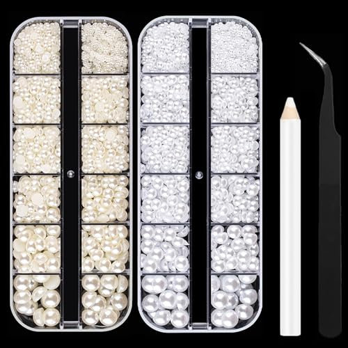 Nail Charms Pearls,About 4000PCS Pearl Nail Charms with Pickup Pencil and Tweezer,2/3/4/5/6/8mm Flat Back Pearl Beads for Nail Art Design DIY Crafting Embellishment