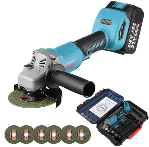 ADWOLT - Amoladora angular inalámbrica de 20 V, amoladora angular inalámbrica, diámetro del disco: 125 mm, 2 baterías de iones de litio, 12 discos abrasivos