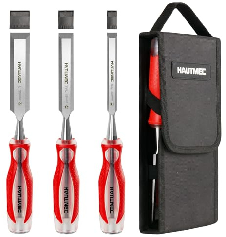 HAUTMEC Wood Chisel Sets, 3 Piece Chisel Set for Woodworking, Full Tang Drop-Forged CR-V Steel Beveled Edge Blades with Carry Storage Bag and Ergonomic Non-Slip Handles