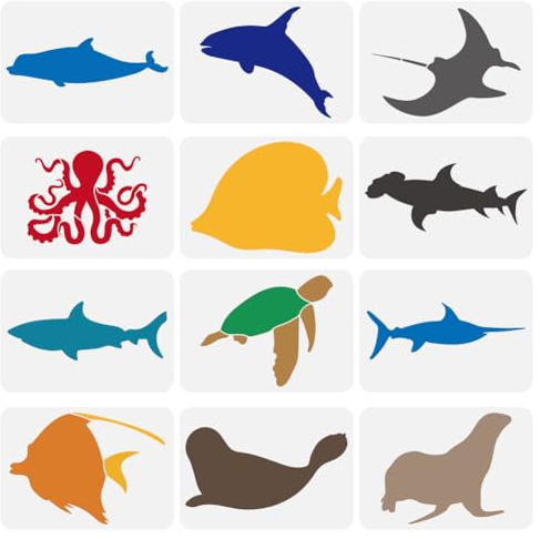 FINGERINSPIRE 12 Stück Schablonen Mit Unterwassertieren Zum Malen 21x29.7 cm Vorlagen Für Delfine Tintenfische Schildkröten Ausgehöhlte Schablonen Für Haie Robben Seelöwen Fische Vorlagen Ozeanthema