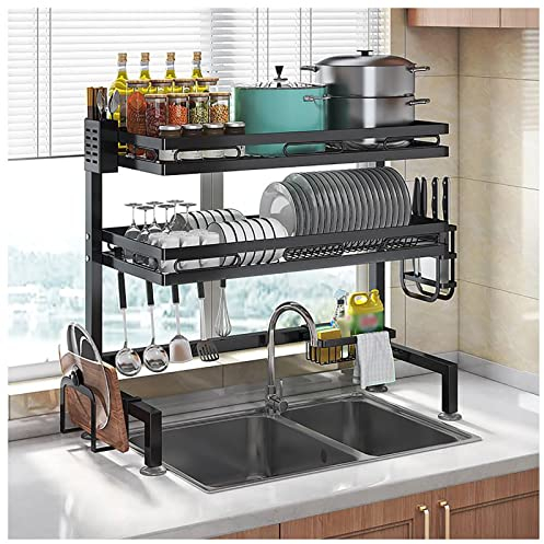 Escurridor de platos sobre el fregadero, estante escurridor de platos de acero inoxidable, organizador de encimera de cocina, con soporte para utensilios, escurridor de cocina (color: negro-A, tamañ