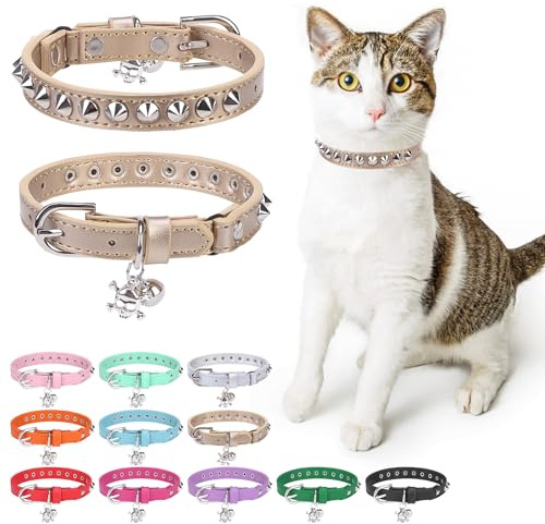DILLYBUD Leather Cat Collar, Breakaway Kitten Collars with Bell, Golden | Spiked & Studded, Cute for Boy Girl Small Pets, Goth Rivet Style, Safety Elastic Belt, Adjustable Buckle, Skull Charm, 8-12in