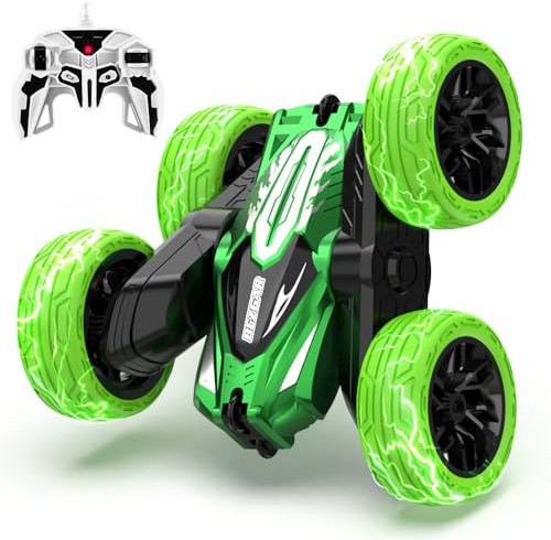 BEZGAR LED Remote Control Cars - 2.4GHz Double Sided Stunt Car, 360° Flips Rotating 4WD RC Car, Indoor & Outdoor Fun Rechargeable Toy Gifts for Boys Kids Girls, TD203MINI Green
