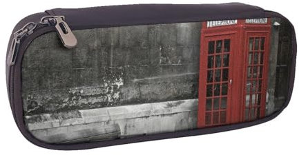 Phone Booth in London Streets Printed Pu Leather Pencil Case Box - Multi-Functional Flip Pencil Bag and Makeup Cosmetic Holder for Girls Boys School Students