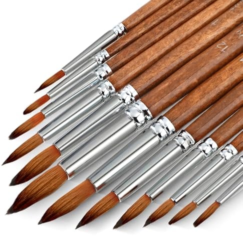 Confezione da 12 pennelli per acquerelli, rotondi, pennelli professionali per pittura ad acquerello, acrilico, guazzo, olio