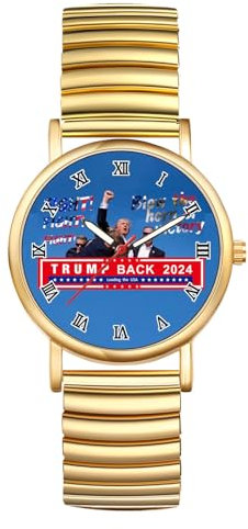 JewelryWe Trump-Attentat Uhr Elastische Armbanduhr: Trump Fighting 2024 Shooting Trump Back Fist Raised Analog Quarz Armbanduhr Herren Damen Gold Edelstahl Zugband römische Zahlen Uhr