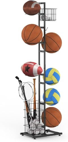 petour Ball Storage Rack 7 Tier Removable Football Shelf with Basket, Ball Organiser,Football Stand, Sports Equipment Organiser for Garage,Basketball,Football,Volleyball Display