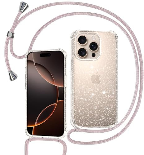 Tikgue Coque pour iPhone 16 Pro Max avec Cordon, Collier Coque Glitter Transparent Paillettes Etui TPU Bumper Silicone Case avec Chaîne Lanière Housse - Or Rose