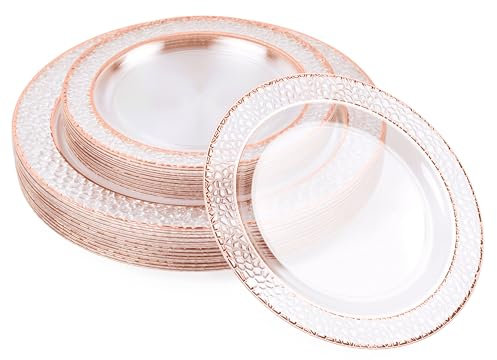 MATANA 40 Premium Reusable Plastic Plates with Hammered Rose Gold Rim - 20 x 26cm, 20 x 19cm - Hard Plastic Party Plates for Weddings, Birthdays, Christmas, Parties