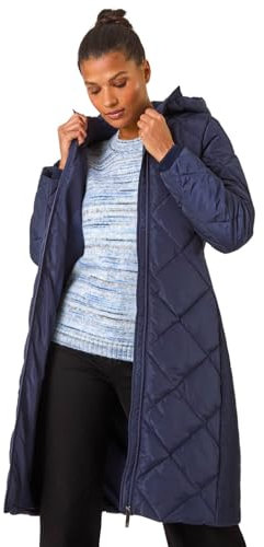 Roman Originals Padded Coat For Women UK - Ladies Longline Puffer Winter Quilted Parka Waterproof Rainproof Wind Resistant Thermal Jacket Long Length Warm Zip Hood Puffa Cosy - Midnight Blue - Size 10