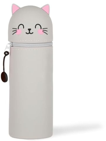 GDFJBG Trousse Ecole 2 en1 en Silicone Souple - Trousse Silicone Verticale, Kawaii Panda Trousse Porte-Stylo de Table,Porte-Plume, Fermeture Eclair en Silicone, Crayons, Marqueurs (Chat Gris)