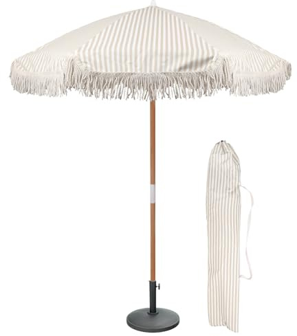Harbour Housewares 1.4M Tassel Fringed Wooden Garden Parasol & Base Set - Beige Stripe - 1x UPF30+ Waterproof Portable Free-Standing Outdoor Patio Sun Umbrella Canopy Table Shade with Carry Bag
