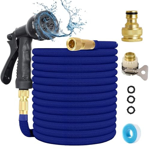 Gartenschlauch Flexibel 15m/50ft, Flexibler Gartenschlauch 3/4 Zoll und 1/2 Zoll Wasserschlauch Flexibler mit 7 Funktionen Garten Handbraus, Dehnbarer Garden Hose für Gartenbewässerung, Autowäsche
