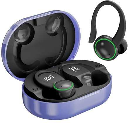 Wireless Earbuds, Bluetooth 5.4 Headphones with 4 ENC Noise Canceling Mic, 50H Playtime Stereo Wireless Earphones with LED Display, Over Ear Buds with Earhooks, IP7 Waterproof for Sport, Purple