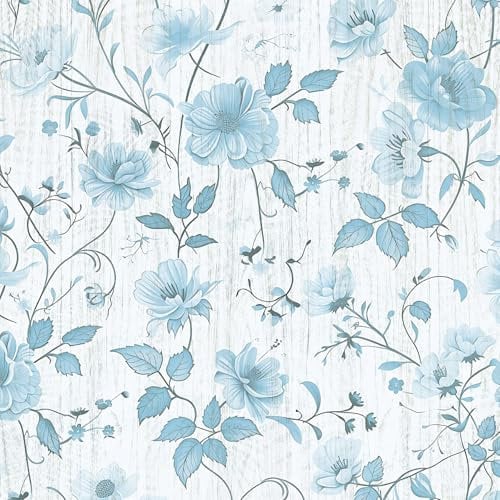 LZH-LP Self Adhesive Wallpaper Light Blue Floral Seamless Texture Peel and Stick Contact Paper, 44x300CM Flower Plant Pattern Removable Wallpaper Decal Film for Wall