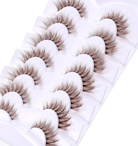 Lot de 7 paires de bandes de cils marron foncé, aspect naturel, courbure D et légers œil de chat avec bande transparente pour un usage quotidien, femmes, débutants en maquillage