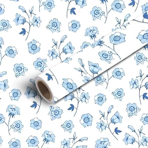 DERUINVAIO 45x300cm Peel and Stick Wallpaper Vintage Blue Floral Seamless Blooming Indigo Flowers Victorian Contact Paper Self Adhesive Removable Wallpaper Waterproof for Backsplash Bedroom Kitchen