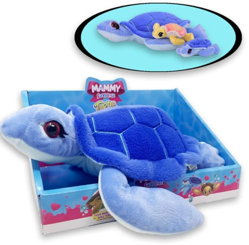 Sbabam Mammy Surprise Turtle Big Size Blau, 30 cm große Plüschschildkröte mit kleinen weichen Welpen, Plüschtierspielzeug für Kinder, Kinderspiele vom Kiosk – Schildkrötenpuppe +3 Jahre
