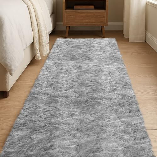 JOYARR Hochflor Läufer Teppich, Flauschig Waschbar Anti-Rutsch Teppiche für Schlafzimmer Bettvorleger Flur Wohnzimmer, 60x180 cm, Tie Dye Hellgrau