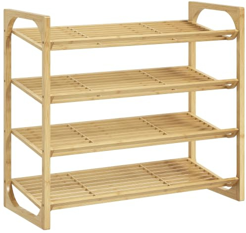 HOMCOM Étagère à Chaussures à 4 Niveaux 76 x 33 x 67 cm Effet Bois Naturel | Rangement Chaussures 12 Paires, Design à Lattes, pour Entrée, Placard, en Bambou