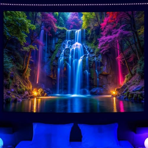 Simpkeely Schwarzlicht Wasserfall Wandteppich – UV Reaktiver Leucht-im-Dunkeln Neon Wald Wandbehang, Lebendige Natur Landschaft Wonderland für Schlafzimmer, Wohnzimmer Dekor – 180 x 300 cm