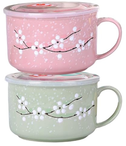 CAKEEYUM 2Pcs Soup Bowls with Handles, 800ml/28oz Sealing Heat-Resistant Microwave Soup Mug with Lid Floral Wintersweet Ceramic Travel Mug for Ramen, Noodle, Porridge, Ceramic Bowl with Lid, Cer