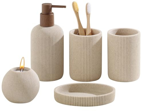WUUAHOME Bathroom Accessories Set, 5 PCS Sandstone Look Stripe Modern Bath Organizer with Soap Dispenser, Toothbrush Holder, Tumbler, Soap Dish, Candle Holder for Countertop Kitchen Sink (Beige)