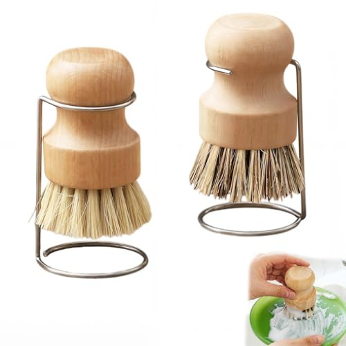 Bamboo Palm Brush, 2Pcs Wooden Washing Up Brushes with 2 Drain Racks, Bamboo Natural Scrub Brush, BambooDish Pot Pan Brushes for Washing Cutlery Cast Iron Pots Pans Vegetable Sinks