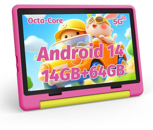 MUISOO 10 Zoll Kinder Tablet, Android 14 Tablet für Kinder, Octa Core Prozessor,1280x800 HD-Display, 5000 mAh Batterie, 14GB+64GB+1TB TF, WiFi 6, BT5.0,5MP+8MP Dual-Kamera Android Tablets, Pink