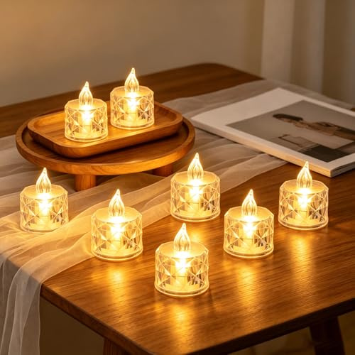 Hittriu 12Pcs LED Tea Light Candles, LED Crystal Candles with Warm White Light, Battery Operated, Birthday Wedding Festival Decorations (Style 1)